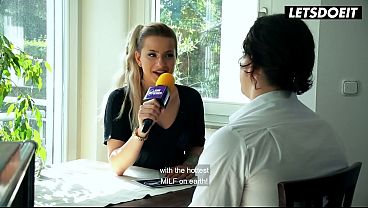 Blonde German MILF Interviews Him at the Table… Then She Starts Begging for His Cock