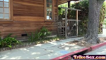 Petite Asian MILF riding big white cock after posing and giving a blowjob